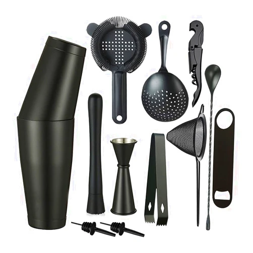 Cocktail Geek Cocktail Shaker Set - 13-Piece Bar Accessories Kit w/Weighted Boston Shaker, Strainer, Jigger, Muddler,Mixing Spoon and More - Home Bartending Tools, Accessories for Bartender, Matte Black