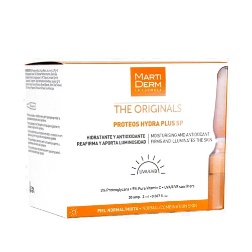 Martiderm the Originals Proteos Hydra Plus SPF15+ 30 Ampoules | Protects your Skin Against UVA Rays | Firms the Skin and Deeply Hydrates | Repairs Connective Tissue & Stimulates Collagen Production |