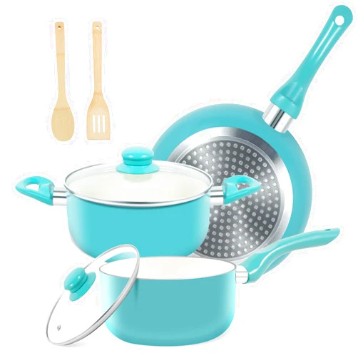 M MELENTA Pots and Pans Set, 7pcs Nonstick Ceramic Cookware Set, Induction Kitchen Cookware Sets, Non Stick Cooking Sets Pots and Pans with Stay Cool Handle, 100% PFOA Free, Turquoise