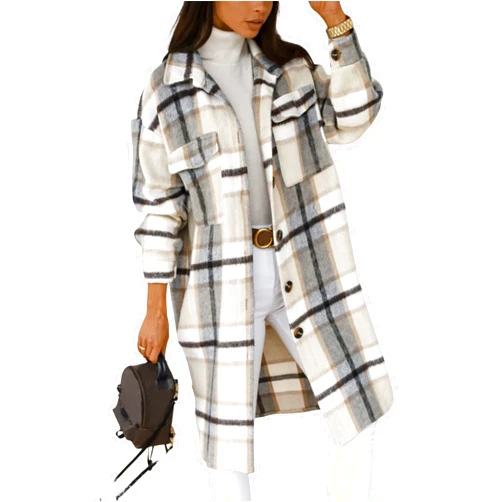 Mannjin Long Plaid Shirts for Women Brushed Flannel Shacket Jacket Button Down Wool Blend Coat