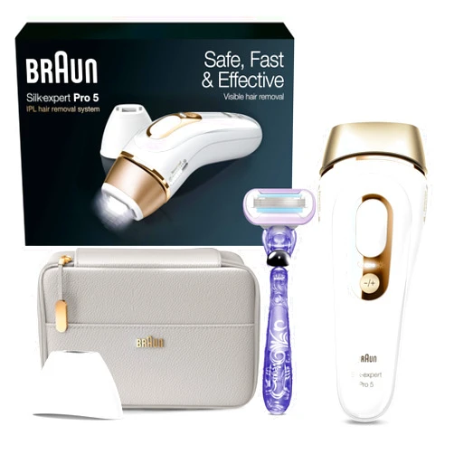 Braun IPL Long-lasting Laser Hair Removal Device for Women & Men, Silk Expert Pro5 PL5157, Safe & Virtually Painless Alternative to Salon Laser Hair Removal, Full Body, With Venus Razor & Luxury Case