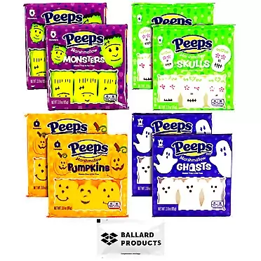 Ballard Products Halloween Peeps Marshmallow Variety Pack of 8 Packets - 2 Packets of Each Halloween Marshmallow Peeps Flavors - Bulk Halloween Candy Peeps - 48 Halloween Peeps Total - Includes Ballard Products Moist Towelette