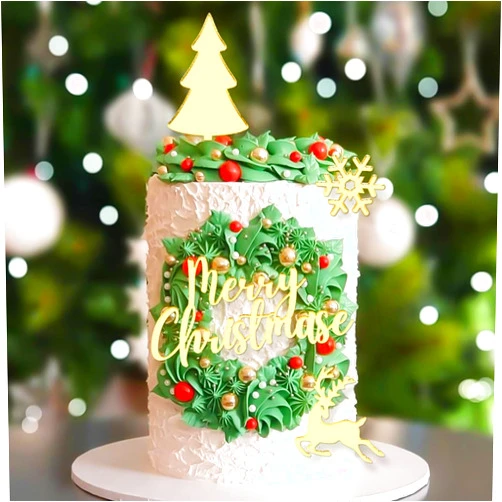 Crethinkaty Flying Deer Christmas Tree Snowflake Merry Christmas Acrylic Cupcake Toppers Cake Topper Glitter Gold Acrylic Cake Decorations for Christmas Party