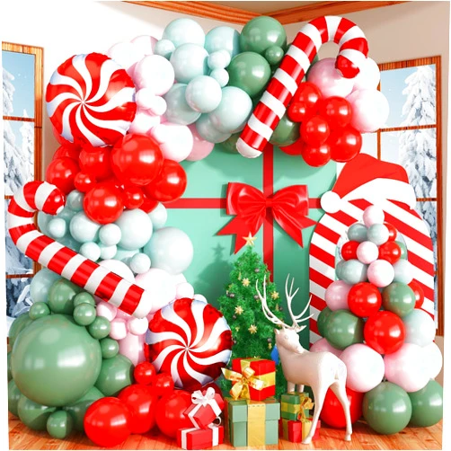 Paeyeq Christmas Balloon Arch Kit, Double Stuffed Red Pink Green Christmas Balloons Garland with Candy Cane Mylar Foil Balloons, Xmas Latex Helium Balloons Set for Christmas Party Decorations Supplies
