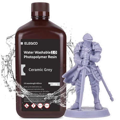 ELEGOO Upgraded Water Washable Resin 2.0, 3D Printer Resin with Low Viscosity and High Precision, 405nm Rapid UV-Curing Photopolymer Resin, 3D Resin for LCD/DLP 3D Printing, Grey 2000G