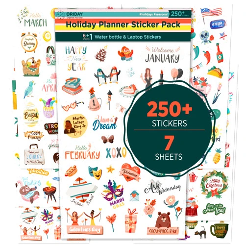 Oriday Happy Holiday Seasonal Planner Stickers - 500+ Cute Stickers for Daily Planners – Monthly Events, Halloween, Calendars, Journal, Female Empowerment, Teachers, +6 Water Bottle Stickers Pack