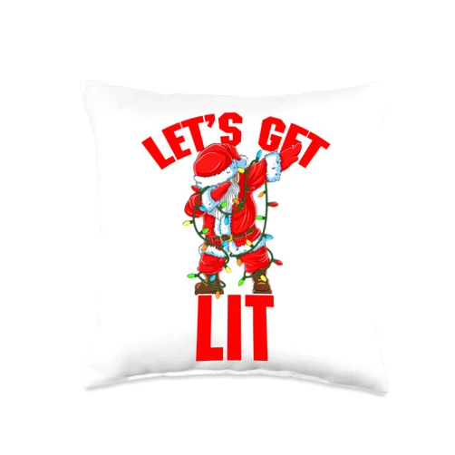Let's Get Lit Drinking Santa Hat Dabbing Christmas Lights Throw Pillow