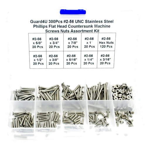 Guard4U 300Pcs #2-56 UNC Stainless Steel Phillips Flat Head Countersunk Machine Screws Nuts Assortment Kit- #2-56x 3/16