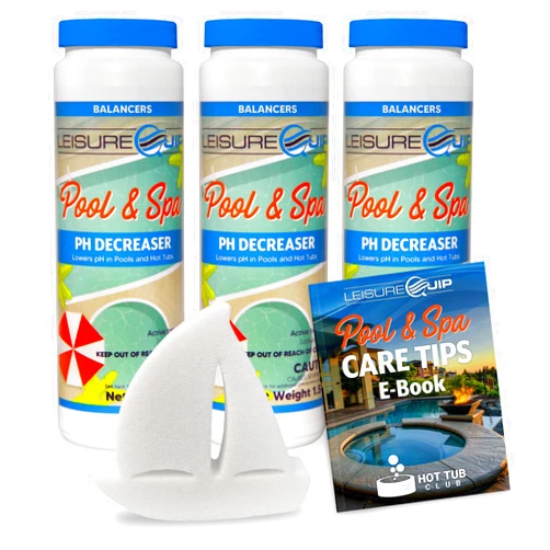 LeisureQuip Pool & Spa Balancers pH Decreaser 3 Pack with ScumBoat and Hot Tub Care Ebook - Balancing Chemicals for Hot Tubs, Above Ground Pools, & Spas