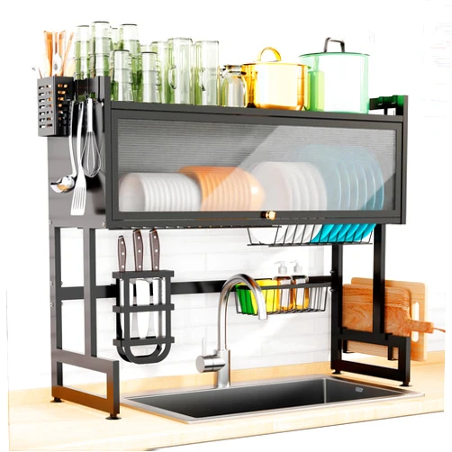 YEPATER Over The Sink Dish Drainer Drying Rack, 2 Tier Over The Sink Dish Drying Rack, Space-Saving Dish Drainers Organizer for Kitchen Counter Storage, Sink Shlef (Black, fit≤31.9
