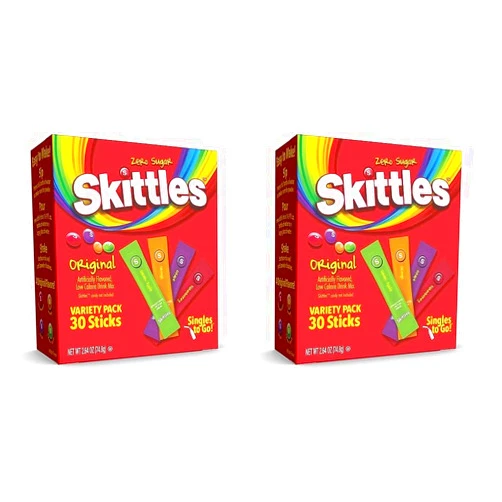 SINGLES TO GO! Skittles Singles To Go Variety Pack, Powdered Drink Mix, Zero Sugar, Low Calorie, Includes 4 Flavors: Green Apple, Strawberry, Grape, Orange, 1 Box (30 Single Servings) (Pack of 2)