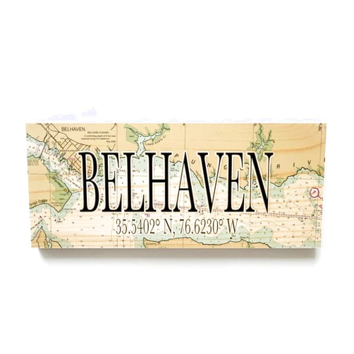 MapMom Belhaven North Carolina 3x9 Wood Coordinate Wall Hanging Sign; Shelfsitter | High Definition Ink Printed On Wood Home Décor Map | Ready to Hang | Perfect Gift for the Perfect Place
