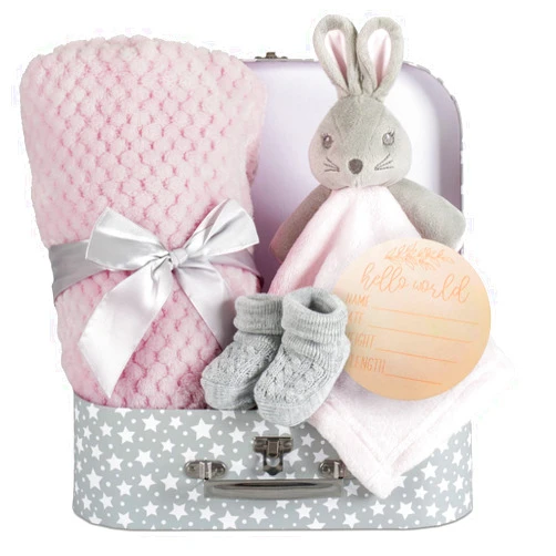 Hoolaroo Baby Girl Gift Set New Born Baby Gift Baby Pink Bunny Security Blanket Soft Fleece, Suitcase Keepsake Box Blanket Booties & Baby Gift Basket – Unique Present Baby Shower & Newborn Lovey Welcome