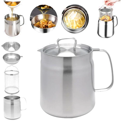 BLADOPIA Stainless Steel Oil Filter Pot with Strainer for Kitchen, Small Deep Fryer with Basket, Bacon Grease Saver with Strainer, Grease Container with Strainer, Deep Fryer Oil Storage (2L)