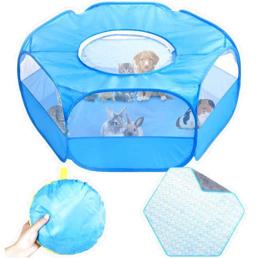 VitalCozy Guinea Pig Playpen with Cover Top Hamster Playpen with Mat Portable Pet Tent Indoor Small Animal Toys Tent Cage for Rabbit Cat Ferret Chick Bearded Dragon Travel Camping(Blue)