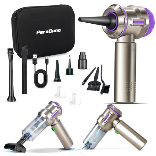 PeroBuno Air Duster for PC, 200000RPM Compressed Air, Mini Vacuum 2-in-1, Runtime Up to 35 mins, Brushless Motor Electric Air Blower with 3 Gear and Rechargeable Battery - Canned Air-Keyboard Cleaner