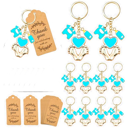 BUYWUMORE 12 Sets Baby Shower Favors for Boy Blue Footprint Keychains Gifts with Bottle Baby Clothes White Organza Bags and Thank You Tags for It's a Boy Decorations Baby Shower Party Supplies (Boy)