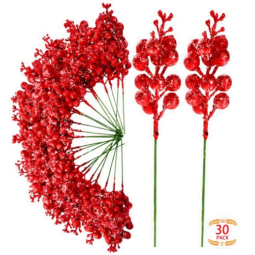 Sggvecsy 30Pcs Christmas Glitter Berries Stems Artificial Red Berry Branches Holly Picks Stems Christmas Tree Ornaments for DIY Xmas Wreath Crafts Gifts Holiday Home Decor (Red)