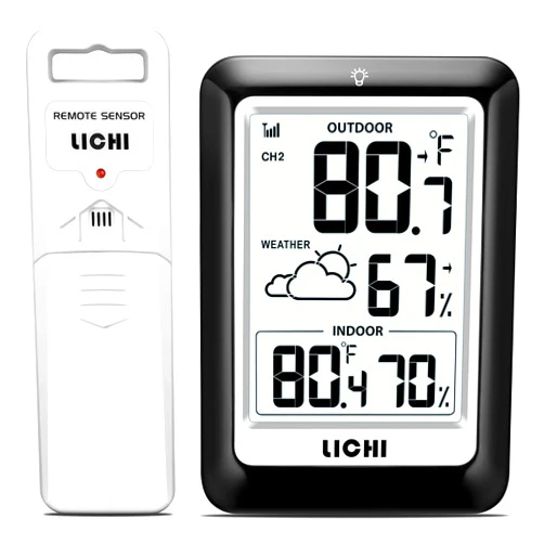 LICHI Indoor Outdoor Thermometer Wireless Weather Station, Internal External Thermometer Hygrometer, Home Batteryoperated Temperature Humiditymonitors330 Feet (About 100 Meters) Backlight Display
