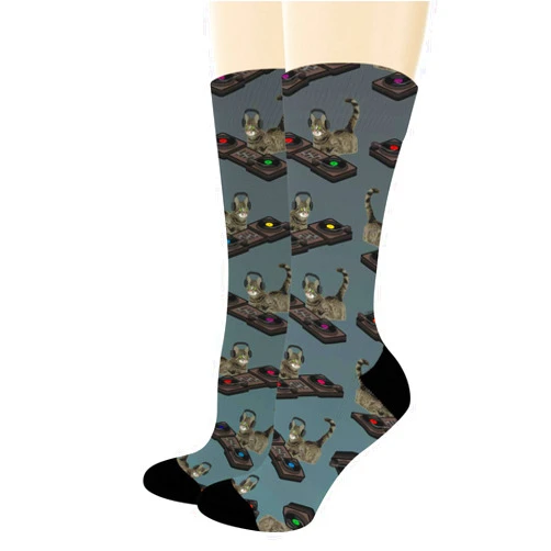 ThisWear Funny Animal Socks Cat DJ Socks DJ Cat Gifts Turntable Socks for Music Lovers Cat Novelty Crew Socks