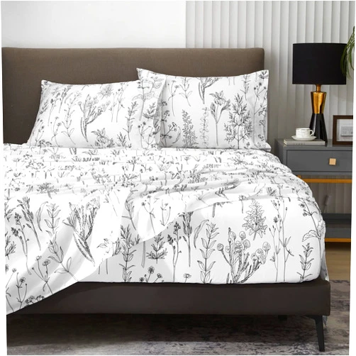 HYPREST Floral Bed Sheets King Size, 18 inches Deep Pocket Sheets 1800 Thread Count, Black and White Leaf Sheet Set Soft Breathable Cute Aesthetic Sheets Shabby Chic Bed Sheets,Oeko-Tex Certificated