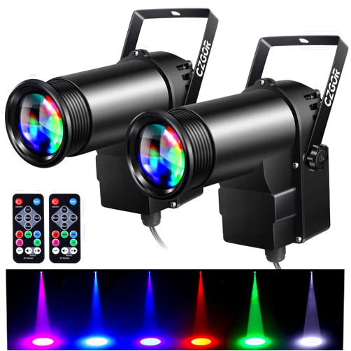 Czgor Pinspot Light DMX 2 Pack, Czgor 15W Disco Ball RGBW Spotlight with Remote Control / DMX512 Sound Activated Pin Spotlight for Mirror Ball Party Wedding DJ Disco Shows