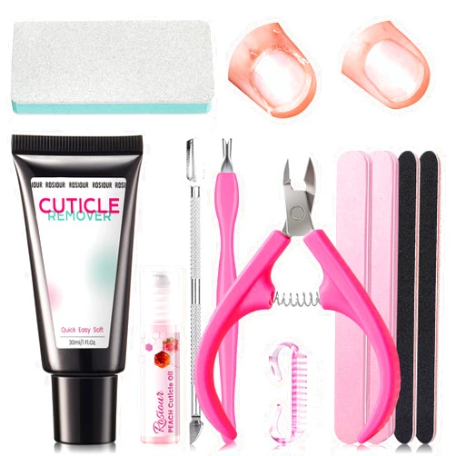 Rosiour Cuticle Remover Kit: 11Pcs Nail Manicure Kit with Gentle Cuticle Remover Cream, Cuticle Oil, Cuticle Trimmer, Cuticle Pusher, Nail File and Buffer Set, Perfect for Women’s Home & Salon Nail Care Prep