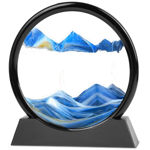 Meeitec Moving Sand Art, 3D Liquid Motion Deep Sea Sandscape Color Quicksand Decor, Round Glass Flowing Circle Sand Art Sandscapes Picture, Relaxing Desktop Home Office Work Decor, 7 inch Blue