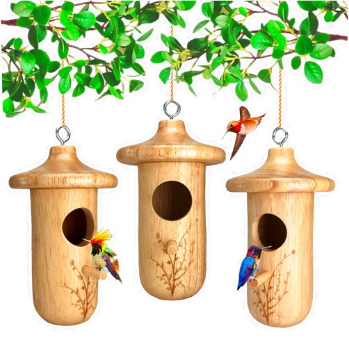 Yewacne Hummingbird House, 3Pcs Humming Bird House for Outside Hanging, Natural Wooden Hummingbird Nest, Gardening Gifts Home Decoration