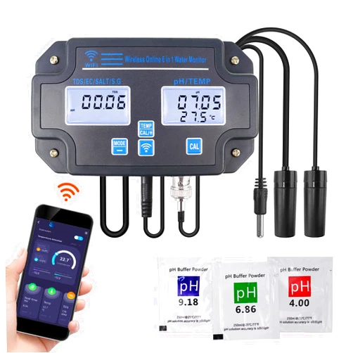 Landtek Water Quality Tester pH/EC/TDS/Salinity/SG/Temperature with Easy Calibration 24Hrs Online APP Monitoring for Fish Tank Aquariums Home Laboratory Smart Instrument