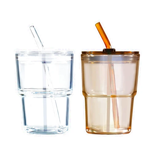 Puraville 12oz Coffee Cup 2 Pack Glass Cups with Lids and Straws Coffee Mug Set with Insulated Sleeve Glassware Tumbler Drinking Jar, Clear and Amber