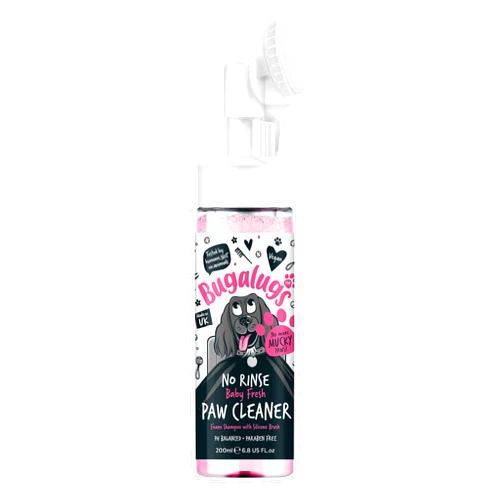 BUGALUGS Dog Paw Cleaner No Rinse Foam Cat & Dog shampoo with Silicone Brush Head, waterless grooming products. Travel friendly paw cleaner for dogs defeat muddy paws on The go (Baby Fresh)