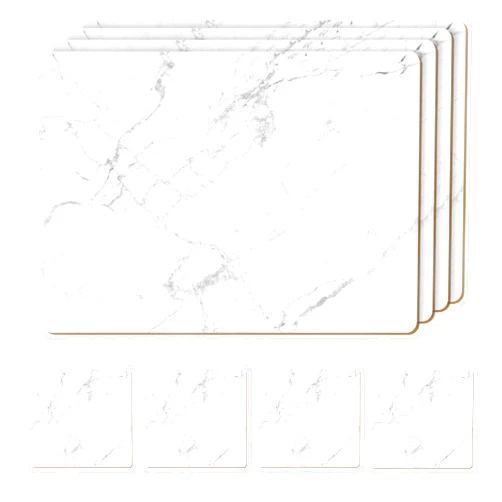 Moderry Set of 4 Heat Resistant Cork Placemats for Dining Table with Free Set of 4 Matching Drink Coasters Marble Design 16 x 12 Inches Cork Backed Hard Placemats (White Marble)