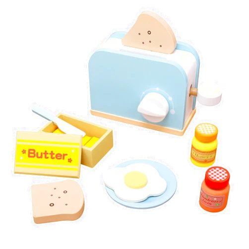 AEECASI Wooden Kitchen Toy, Pop-Up Bread and Butter Toaster Set, Play Bread Maker Kitchen Accessories Birthday Gift for Ages 3 4 5 6 7 Boys Girls, Early Education Kitchen Pretend Games for Kids, 14 Pieces