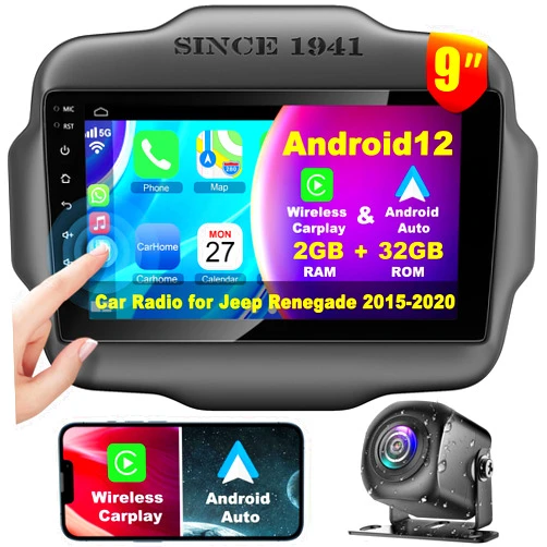 Inexaccessories [2+32G] Android 12 Car Stereo for Jeep Renegade 2015-2020 with Wireless Carplay&Android Auto, 9 Inch Touchscreen Bluetooth Car Radio Support GPS Navigation, Wifi, FM Radio, Backup Camera,DSP, SWC, MIC