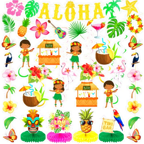 Zhynice Luau Party Decorations Hawaiian Aloha Banner Hanging Swirls and Honeycomb Centerpiece Flower Tropical Palm Flamingo Sign Foil Ceiling Decor for Tropical Theme Party Supplies