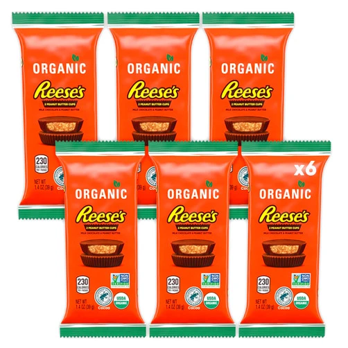 CHAIN & JO SWEETS Reeces Organic Peanut Butter Cups Milk Chocolate Candy, 6 Pack (1.4oz each) Individually Wrapped Snacks - Chocolate Milk and Peanut Butter Taste, Ideal Office Snack for Sharing, Holiday Chocolate Reeces Cups