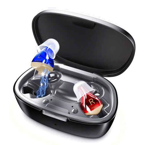 MEIMOUSE Hearing Aids for Seniors, Invisible Hearing Amplifiers with Noise Cancelling, Rechargeable Hearing Aids for Severe Hearing Loss Adults, Comfort In-ear Hearing Devices (Blue&Red)