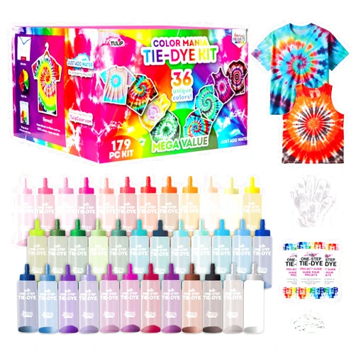 Tulip One-Step Tie-Dye Color Mania 36 Vibrant Colors, All-in-One Tie Dye Kit for Large Groups, Permanent Fabric Dye Pre-Filled Bottles, Gloves, Instructions