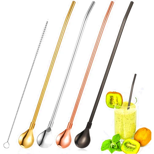Patelai 4 Pieces Spoon Straws Stainless Steel Drinking Spoon Straws Reusable Metal Cocktail Spoons Straws with Long Cleaning Brush