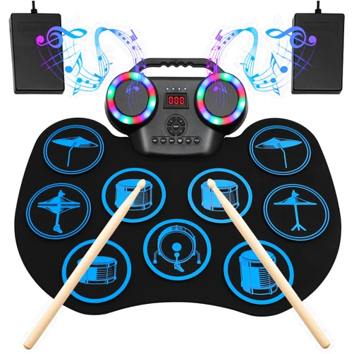 Pimpimsky Electronic Drum Set, Portable Roll-Up Drum Practice Pad, 9 Pad Digital Drum Kit, Built-in Dual Stereo Speakers, Bluetooth Wireless Electric Drums for Kids Adults Beginner Holiday Birthday Gift
