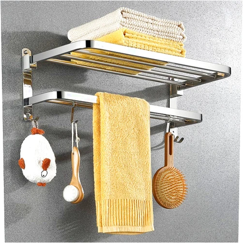 Desnice Foldable Towel Rack for Bathroom, 23 Inch 304 Stainless Steel Towel Rack with Towel Bar Holder Towel Shelf with Movable Hooks, Wall Mounted Towel Storage Towel Organizer