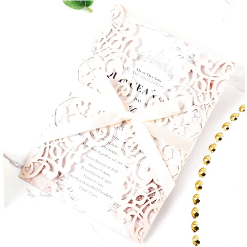 Maffily 50pcs Blush Pink Wedding Invitations With Envelopes and Rsvp Cards 5x7 Inches Laser Cut Wedding Invitation Pockets for Bridal Shower QuinceañEra Engagement Birthday Invites