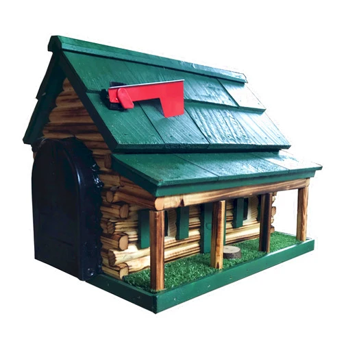 AmishShop.com Log Cabin with Porch Wooden Mailbox Green Amish Made in USA