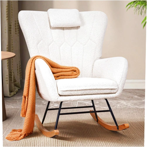 VECELO Rocking Chair Nursery with Thick Headrest, Modern Teddy Upholstered Reading Glider Rocker Accent Armchair with High Backrest, Padded Seat, Side Pocket, for LivingRoom, Bedroom, Baby Room, White