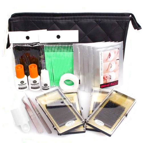 BAISIDAI Full Professional Eyelash Extensions C Curl Eyelahes Lashes Strip Graft Glue Lint-Free Under Patch Pad Tweezers Cleansing Lotion Tools Case Bag Set (combo 2)