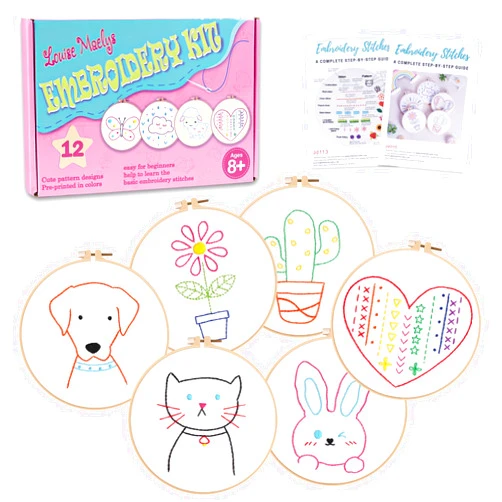 Louise Maelys 12 Pre-Stamped Embroidery Kits for Beginners, Cross Stitch for Kids Girls,DIY Needlepoint Craft Sewing,Practice Kit Supplies,Funny Cute Pattern,Perfect for Ages 8-12