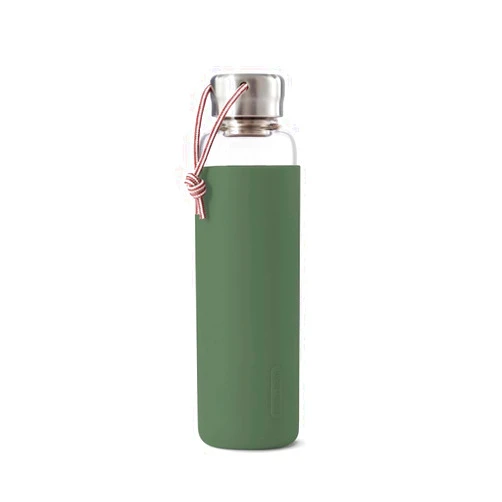 BLACK + BLUM Travel Glass Water Bottle | Lightweight, Leak Proof Flask w/ Protective Sleeve & Stainless Steel Lid | Hot or Cold Drinks for Travel, Office & School for All Ages | Olive, 20 oz / 600 ml