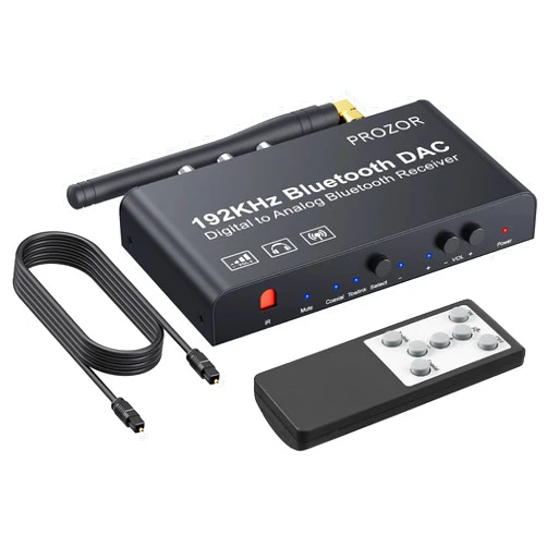 PROZOR DAC Converter with Bluetooth 5.0 Remote Digital to Analog Audio Converter 192 Khz Digital Optical Toslink SPDIF Coaxial to Analog RCA 3.5mm with Volume Adjustable for DVD TV HD Blu-ray PS3 PS4