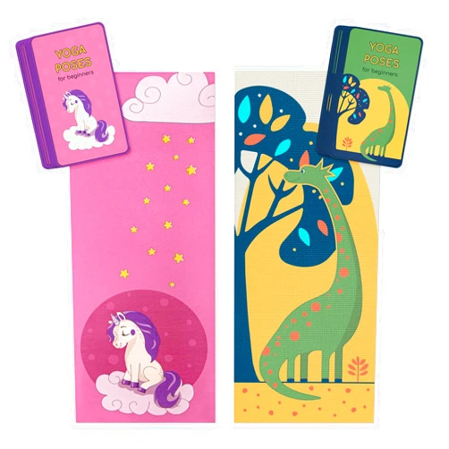 ABTECH Yoga Mat for Kids Bundle - Unicorn Design for Girls and Dinosaur Design for Boys with Yoga Cards and Carrier Bag, Ages 3-12